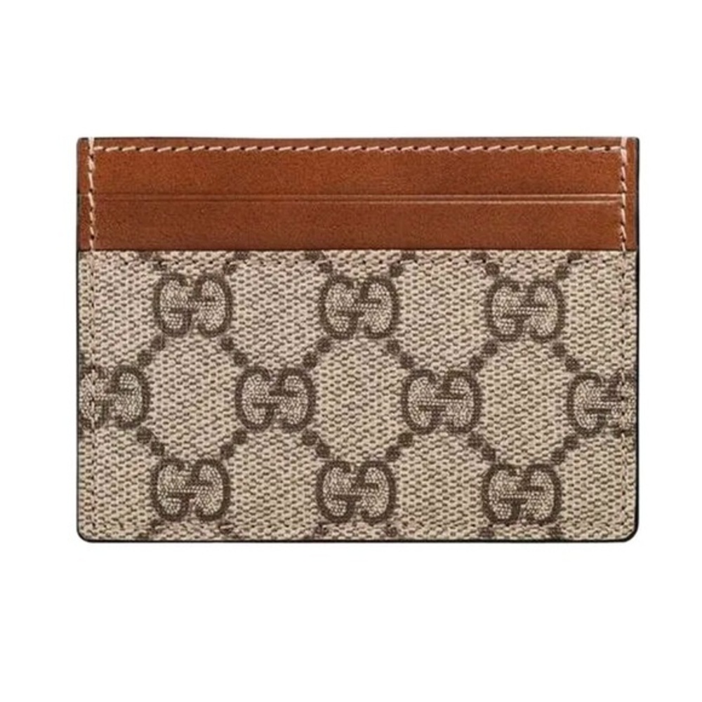 Gucci GG Supreme Card Holder Beige Brown Monogram Wallet Unisex Authenticated